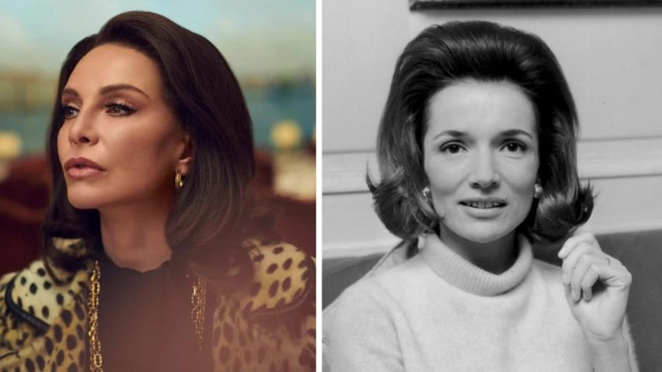 Calista Flockhart as Lee Radziwill in "Feud: Capote Vs. The Swans" and the real Lee Radziwill (FX, Getty)