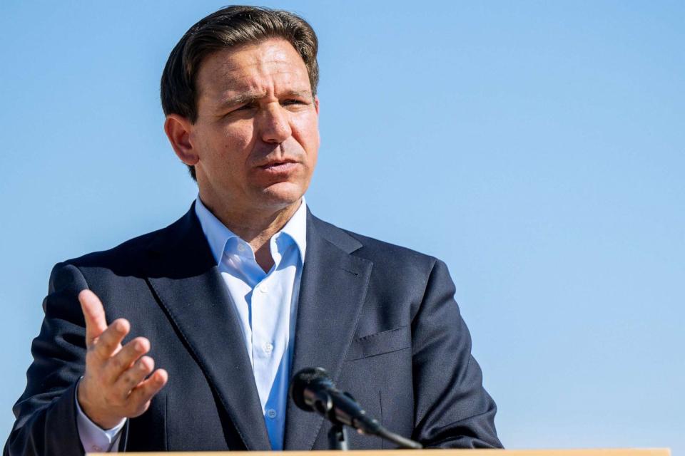 PHOTO: Florida Gov. Ron DeSantis speaks to members of the media and site workers at the Permian Deep Rock Oil Company site during a campaign event, Sept. 20, 2023, in Midland, Texas. (Brandon Bell/Getty Images)