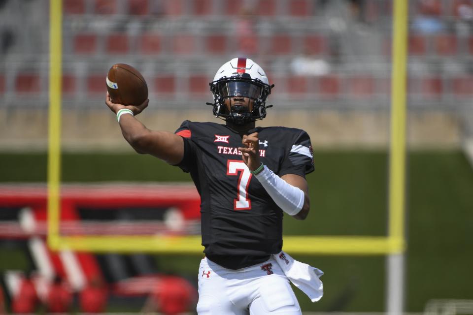 Texas Tech quarterback Donovan Smith (7) throws the ball against Houston during the first half of an NCAA college football game Saturday, Sept. 10, 2022, in Lubbock, Texas. (AP Photo/Justin Rex)