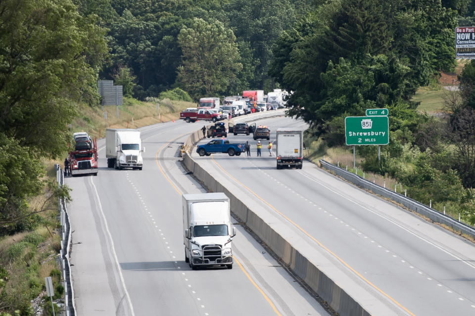 Traffic was backed up on I-83 near Shrewsbury Monday afternoon, June 5, 2023, as police sought a suspect in a Springettsbury Township armed robbery. Police said the suspect was in custody.