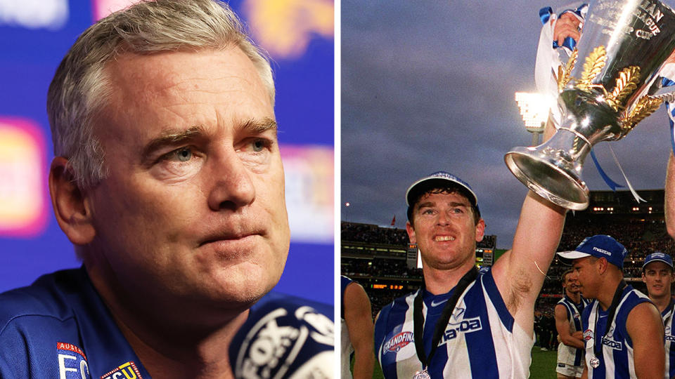 Adam Simpson is pictured left in a West Coast Eagles press conference, and right lifting the 1999 AFL premiership trophy for North Melbourne.