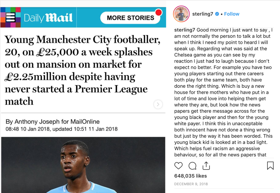 Raheem Sterling took a strong stance against racism in December 2018