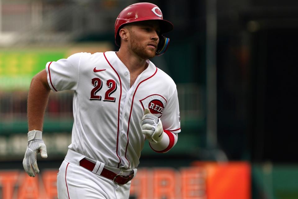 Cincinnati Reds third baseman Brandon Drury (22) rounds the bases after hitting a solo home run in the first inning of a baseball game against the Arizona Diamondbacks, Monday, June 6, 2022, at Great American Ball Park in Cincinnati. 