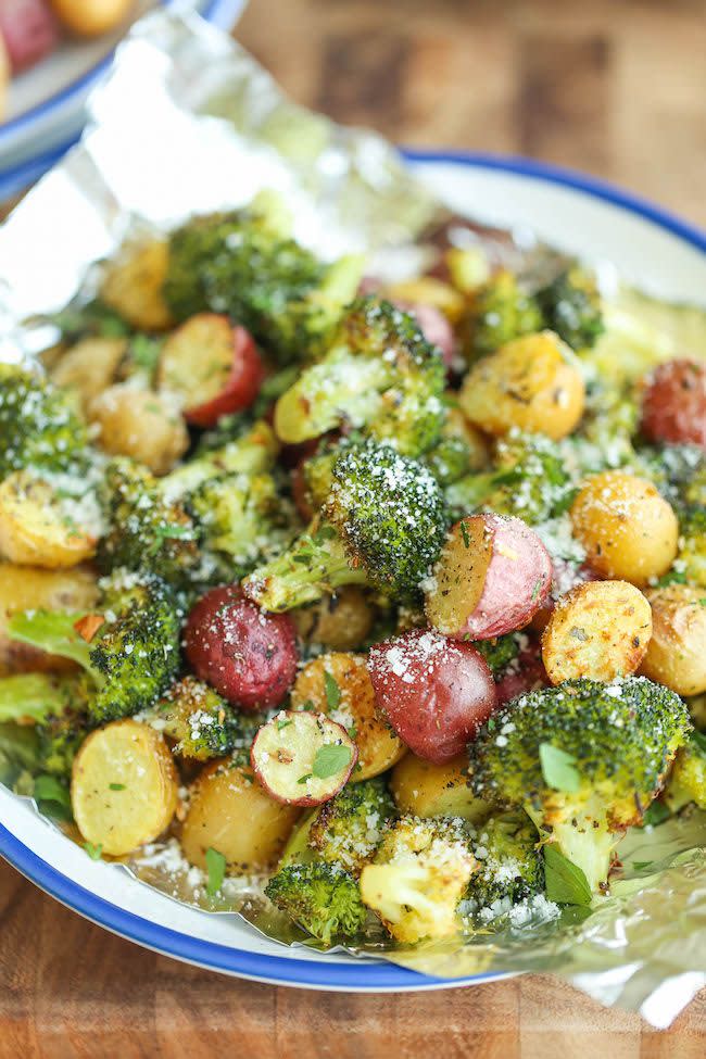 <p>No clean-up required.</p><p>Get the recipe from <a href="http://damndelicious.net/2015/06/29/garlic-parmesan-broccoli-and-potatoes-in-foil/" rel="nofollow noopener" target="_blank" data-ylk="slk:Damn Delicious;elm:context_link;itc:0;sec:content-canvas" class="link ">Damn Delicious</a>.</p>