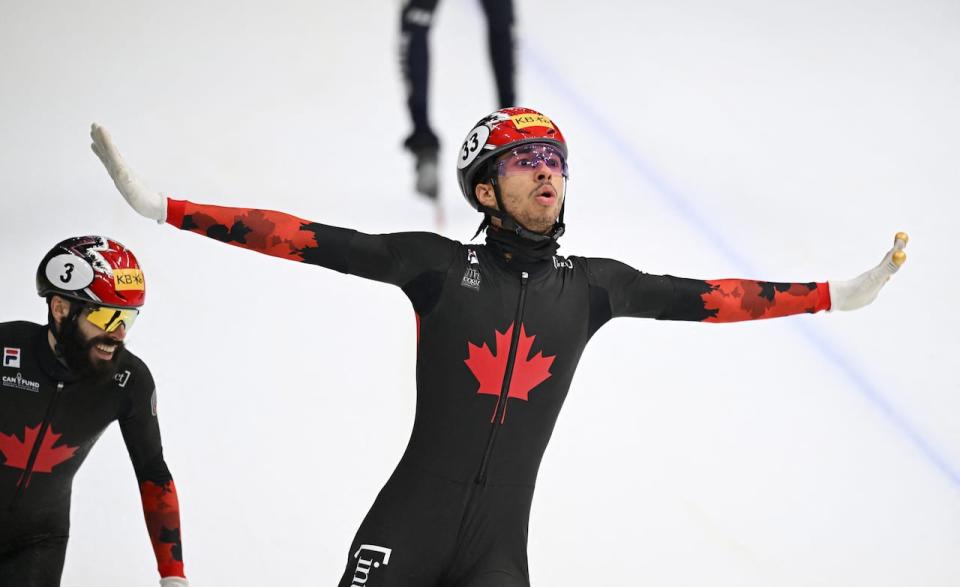 Canada's William Dandjinou, shown at right in this December 2023 file photo, once again topped the podium in the men's 1,500m final at a World Cup event. (File/Getty Images - image credit)