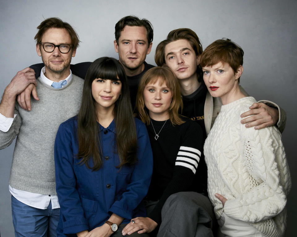 FILE - Jimmi Simpson, back row from left, Lewis Pullman, Austin Abrams, foreground from left, director Laurel Parmet, Eliza Scanlen and Wrenn Schmidt pose for a portrait to promote the film "The Starling Girl" during the Sundance Film Festival in Park City, Utah on Jan. 22, 2023. (Photo by Taylor Jewell/Invision/AP, File)