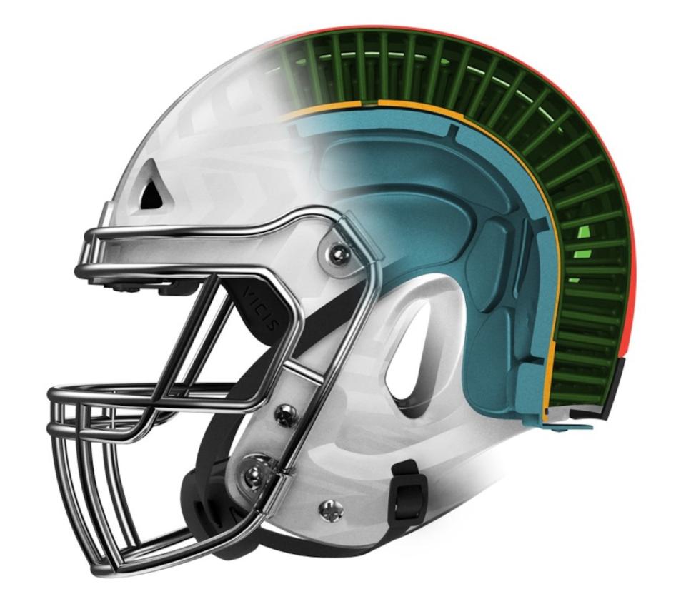 The Vicis Zero1 football helmet aims to reduce head impacts with a flexible shell and deformable, column-like inner layer. <cite>VICIS</cite>