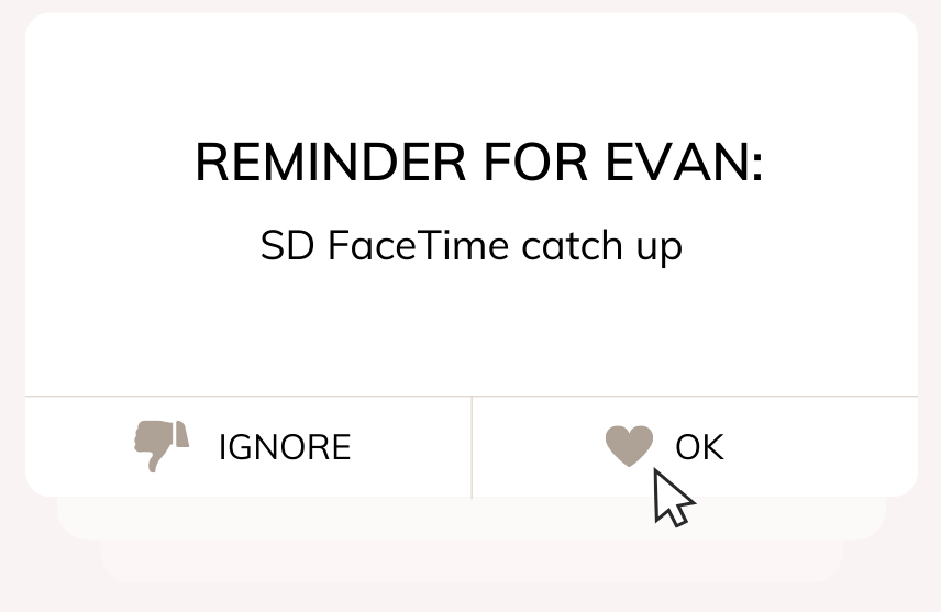 Reminder notification for a FaceTime catch-up, with options to ignore or confirm