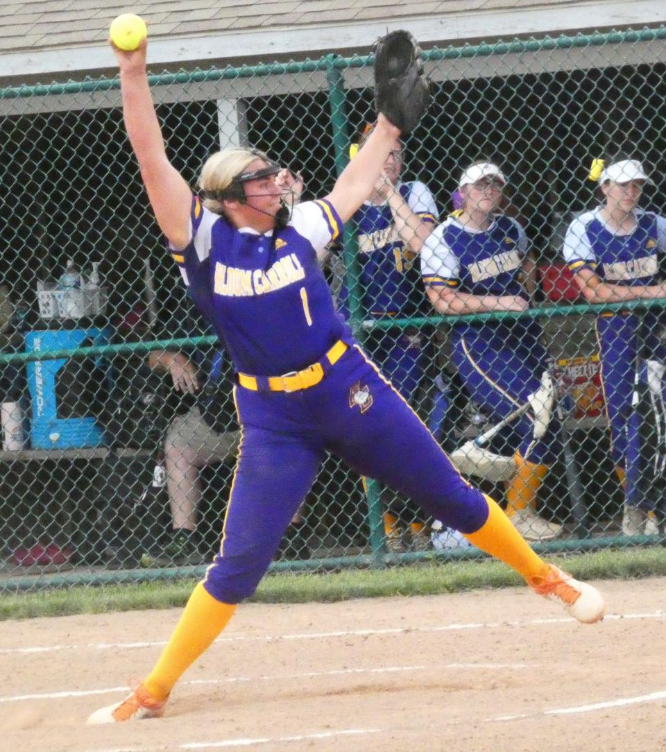 Bloom-Carroll senior Lexi Paulsen pitches against Heath during a Division II district final at Pickerington Central on Saturday, May 20, 2022. Heath's Bulldogs beat Bloom-Carroll's Bulldogs 5-0.