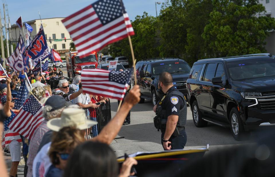 Activities outside the Alto Lee Adams Sr. U.S. Courthouse along South Fifth Street on Friday, March 1, 2024 in Fort Pierce as former President Donald Trump arrives for a hearing in his classified documents case.