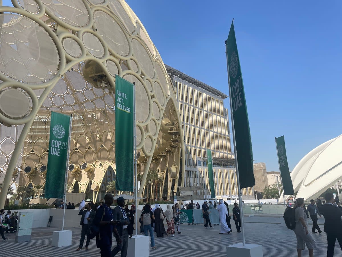 Inside the ‘Green Zone’ at Cop28, outside of the official United Nationsl negotiating space. The Dubai has attracted more of the private sector - and record numbers from the oil and gas industry - than any climate summit in its 28-year history (Louise Boyle/The Independent )