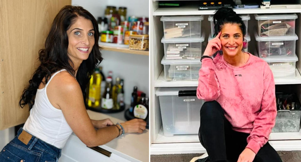 Anita Birges shown reorganising a pantry (left) and sitting in front of an organised wardrobe (right).