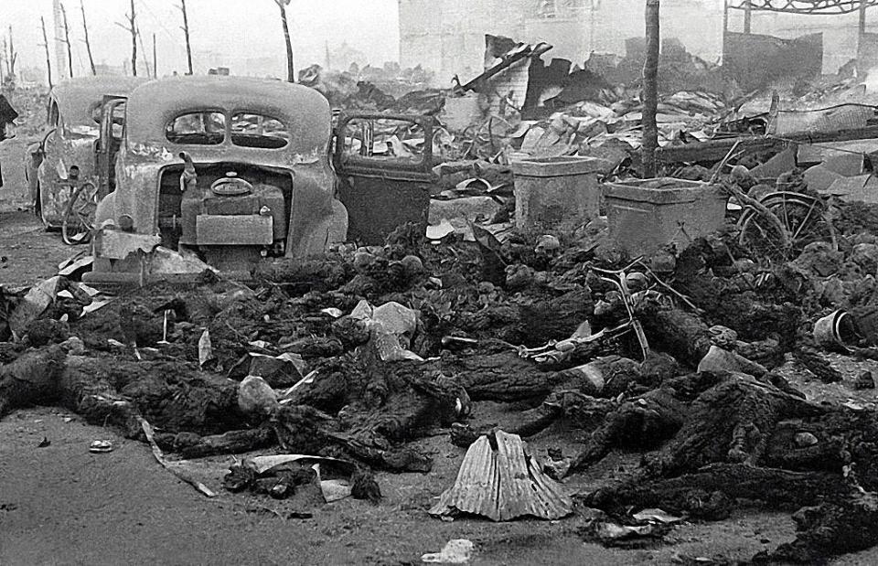 Charred remains of Japanese civilians after the American bombing