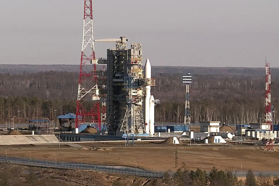 In this photo taken from video released by Roscosmos space corporation on Tuesday, April 9, 2024 an Angara-A5 rocket is seen prior to the launch at Vostochny space launch facility outside the city of Tsiolkovsky, about 200 kilometers (125 miles) from the city of Blagoveshchensk in the far eastern Amur region, Russia. The first test launch of the new Angara-A5 rocket was aborted Tuesday just moments before the scheduled liftoff. The Angara-A5 is a new heavy-lift rocket developed in Russia.(Roscosmos space corporation via AP)