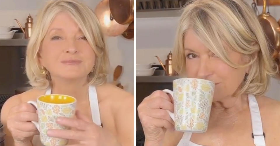 Two photos of Martha Stewart sipping coffee in a white apron