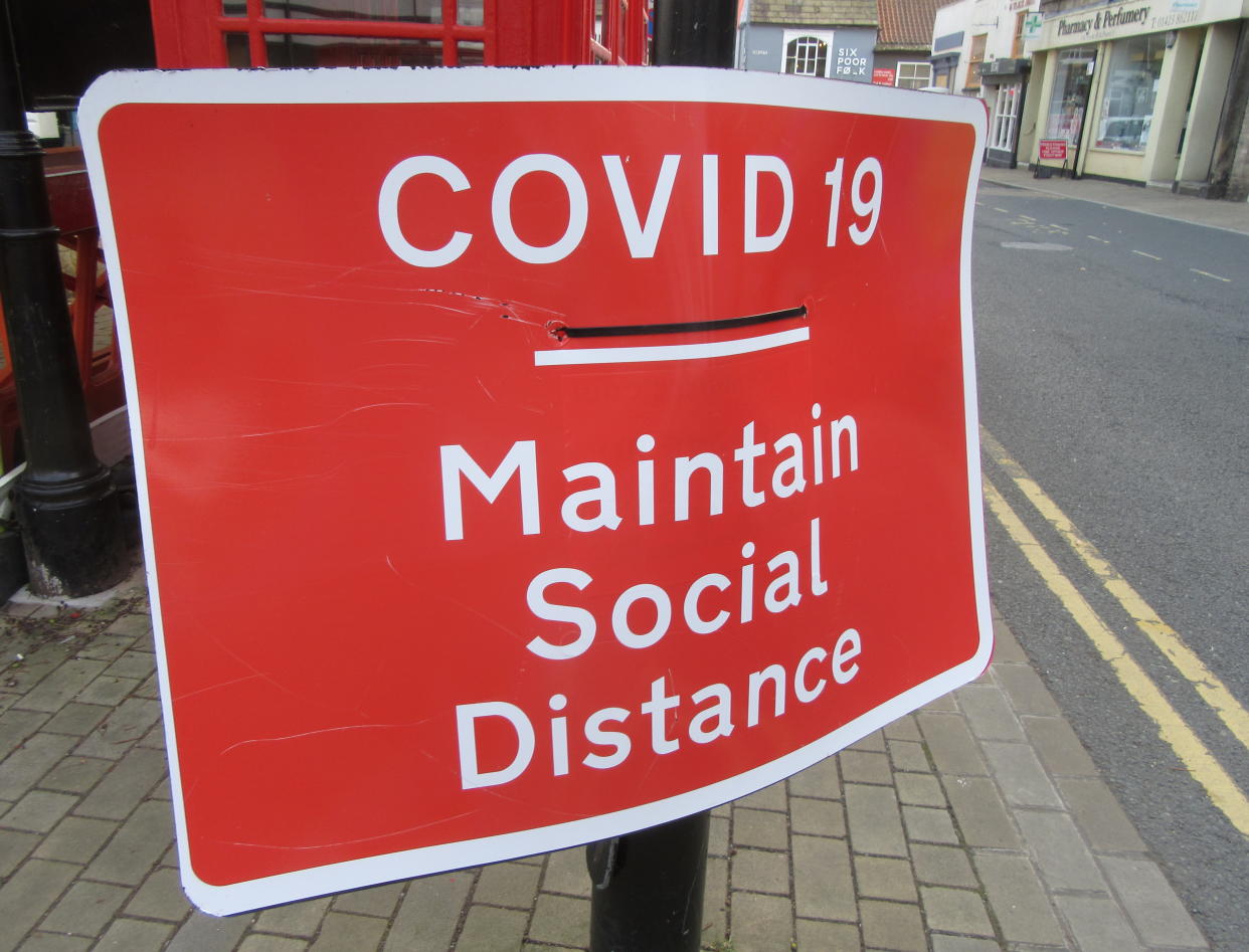  Road sign advising social distancing during Covid-19. Daily life in Yorkshire, the largest county in England, UK. (Photo by Keith Mayhew / SOPA Images/Sipa USA) 
