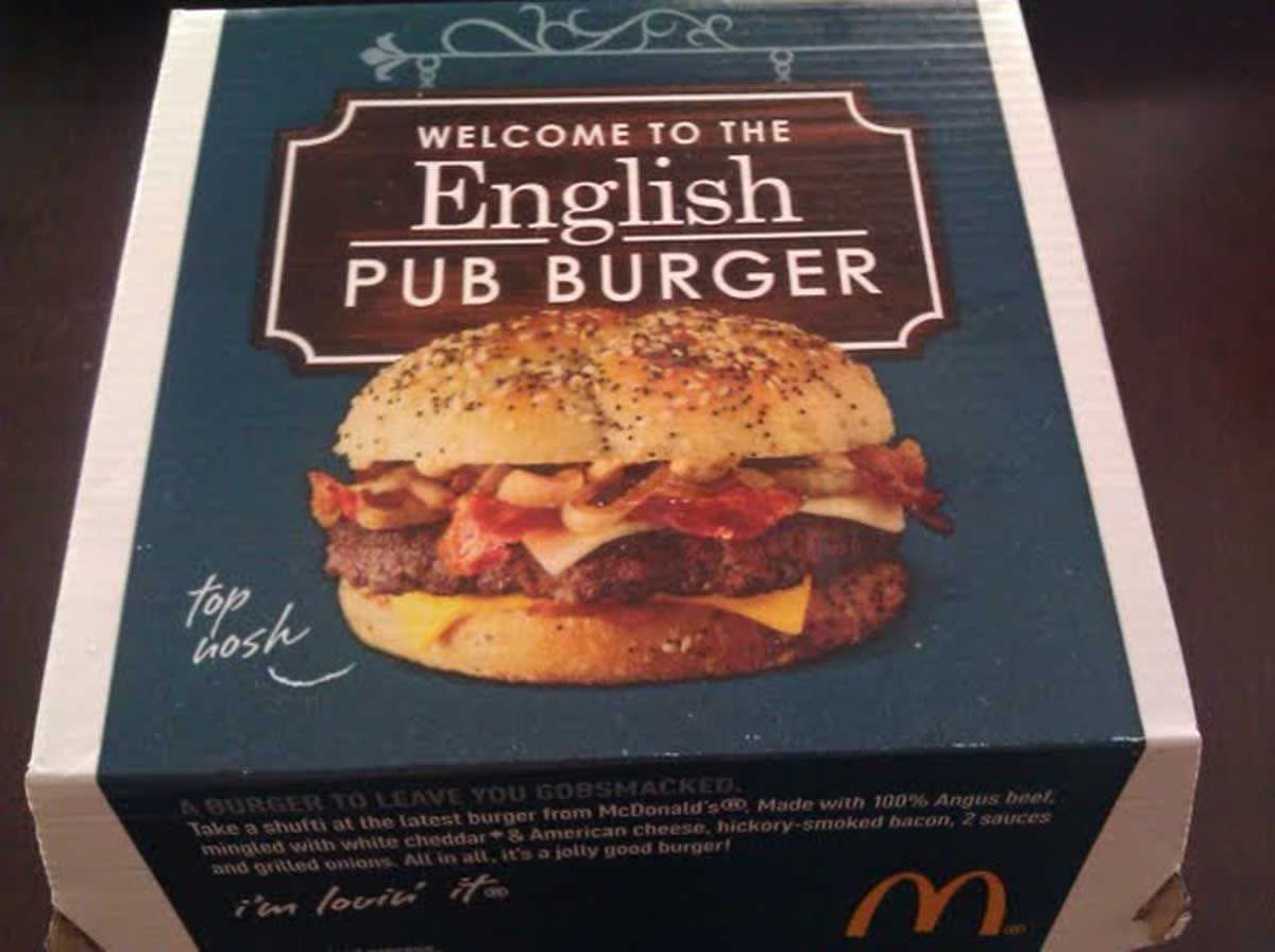 Box for the McDonald's English Pub Burger which showcased a photo of the sandwich