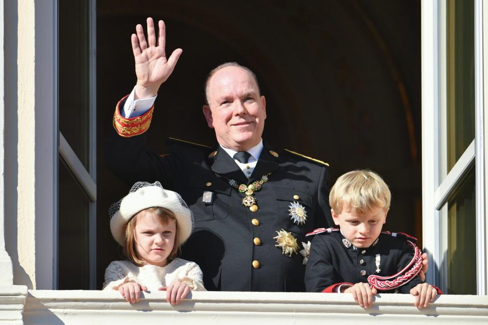 Prince Albert II of Monaco with his children Princess Gabriella of Monaco and Prince Jacques of Monaco appear at the Palace balcony