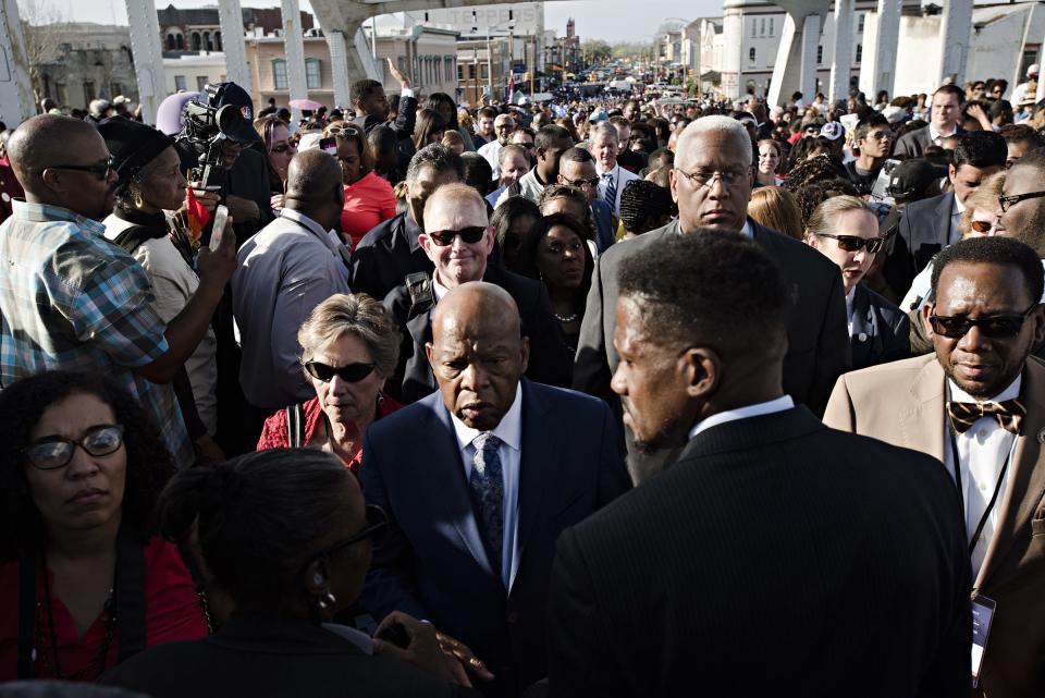 Congressman John Lewis crosses the Edmund Pettus Bridge during the Bridge Crossing Jubilee in commemoration of the 53rd anniversary of Bloody Sunday on Sunday, March 4, 2018, in Selma, Ala.