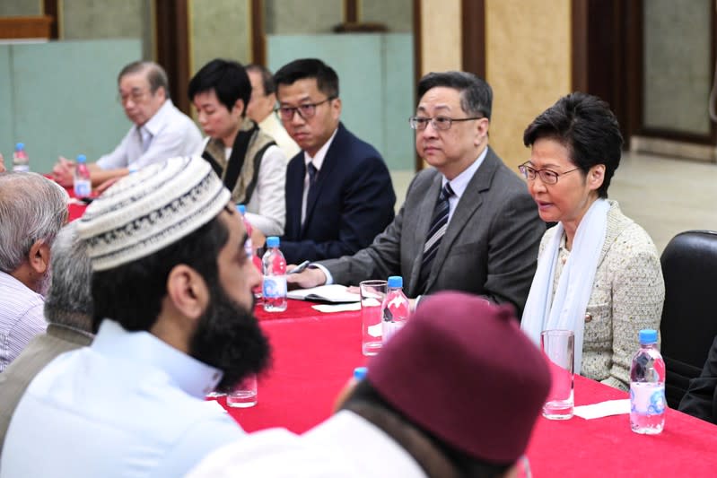 Hong Kong's Chief Executive Carrie Lam and Commissioner of Police, Lo Wai-chung meet with representatives of the Incorporated Trustees of the Islamic Community Fund of Hong Kong and other leaders of the local Muslim community in Hong Kong