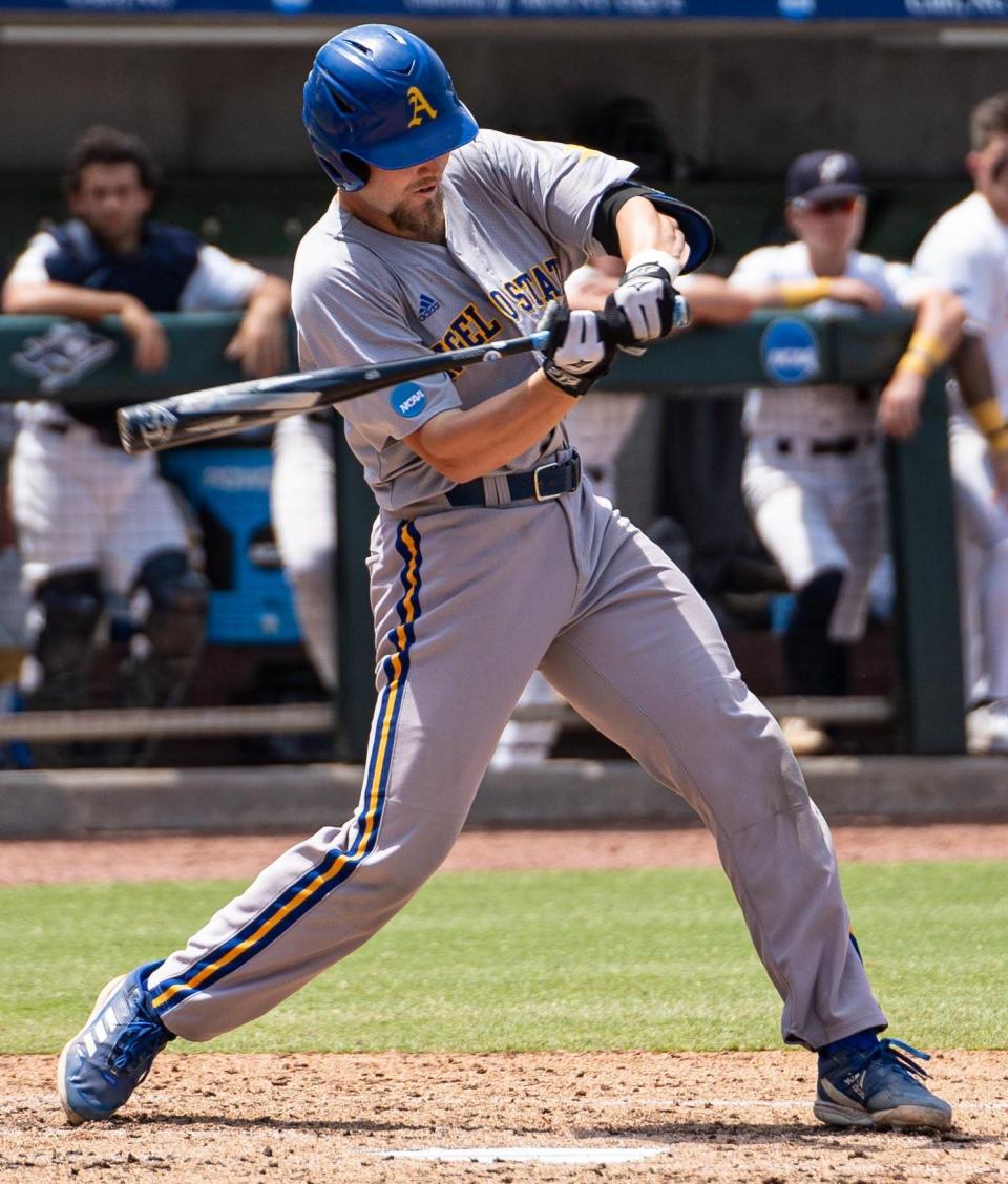 Angelo State University's Justin Harris takes a swing at the plate against Southern New Hampshire in the Rams' opening game of the D-II College World Series in Cary, North Carolina on Sunday, June 5, 2022.