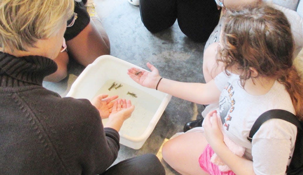 Students get a chance to hold crawfish during a 2022 educational youth workshop with guidance from Kriste Lindberg, left, lead facilitator.