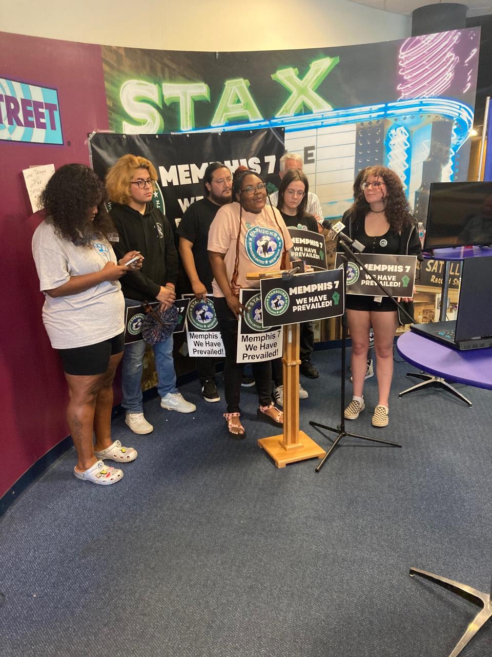 Fired Memphis Starbucks worker Nabretta Hardin, center, speaks during a press conference Tuesday, June 7, 2022, after workers at the Starbucks at 3388 Poplar Ave. voted to unionize.