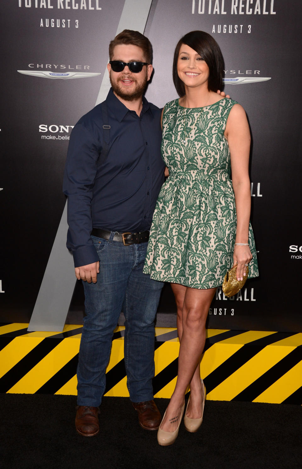 Jack Osbourne and Lisa Stelly attend the Los Angeles premiere of "Total Recall" on August 1, 2012.