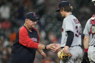 Cleveland Guardians starting pitcher Zach Plesac, right, is removed from the baseball game by manager Terry Francona during the fifth inning against the Houston Astros, Tuesday, May 24, 2022, in Houston. (AP Photo/Eric Christian Smith)