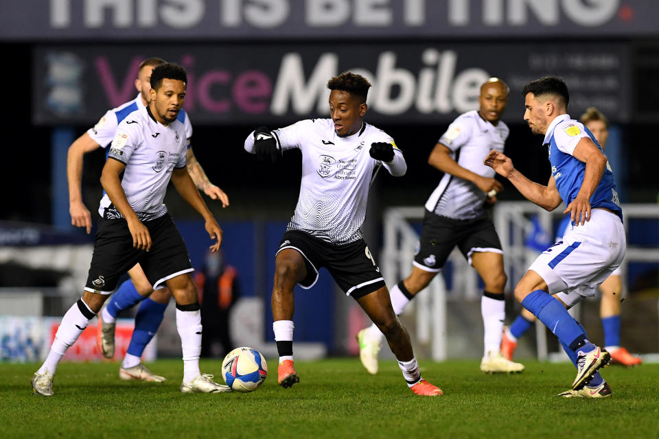 Jamal Lowe of Swansea City against Birmingham City (Athena Pictures / Getty Images)