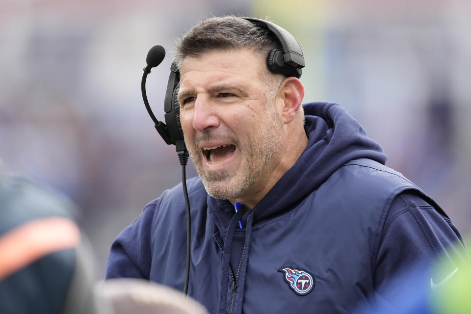 Tennessee Titans head coach Mike Vrabel argues a call during the first half of an NFL football game against the Jacksonville Jaguars Sunday, Jan. 7, 2024, in Nashville, Tenn. (AP Photo/George Walker IV)