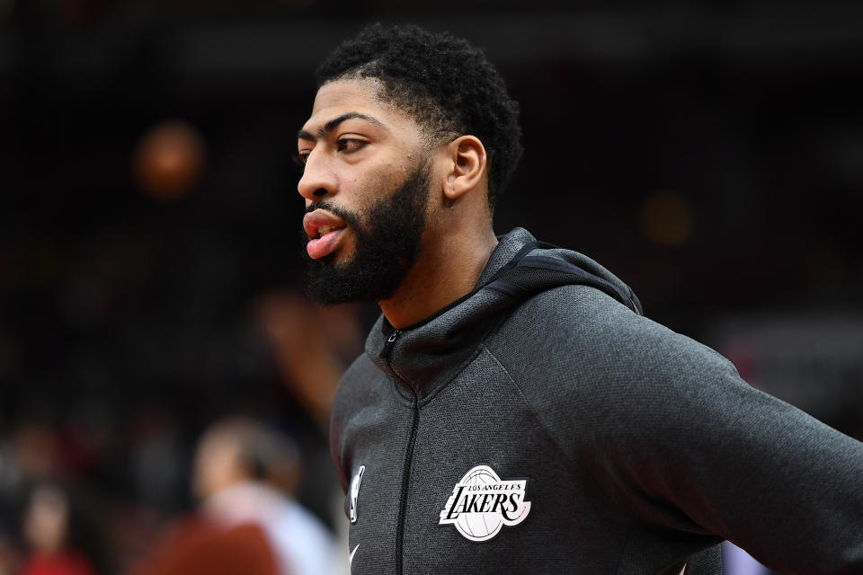 Anthony Davis's injured shoulder will keep him from playing against the Warriors. (Photo by Stacy Revere/Getty Images)