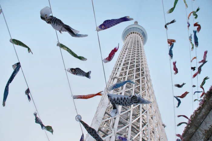 Carp streamers cover Tokyo Tower and Skytree in Japan