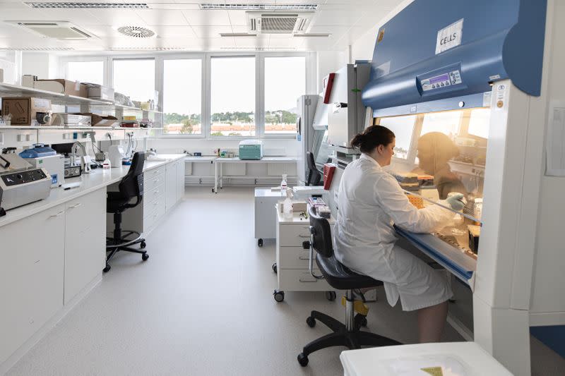 A scientist is seen in the Themis Bioscience laboratory in Vienna