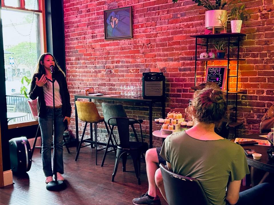 Amanda Bullard performs during open mic night on Thursday, April 20, 2023, at Winterbloom Tea in downtown Fayetteville NC. The event, T.A.P. (Tea And Performance), is scheduled for third Thursdays at the tea shop on Hay Street.