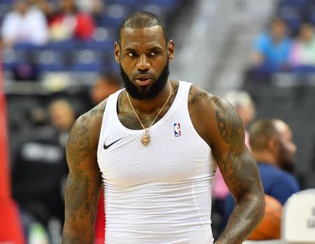 Oct 8, 2017; Washington, DC, USA; Cleveland Cavaliers forward LeBron James (23) looks on during warm ups prior to the game against the Washington Wizards at Capital One Arena. Mandatory Credit: Brad Mills-USA TODAY Sports