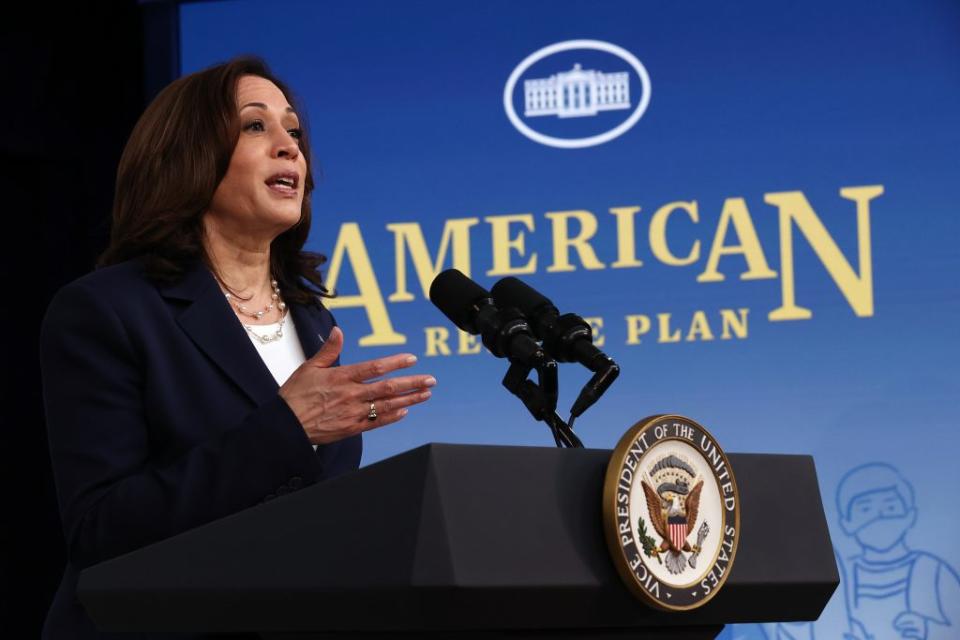 U.S. Vice President Kamala Harris delivers remarks about the Biden administration’s decision to the release of $39 billion of American Rescue Plan funds to address the child care crisis caused by COVID-19 in the Eisenhower Executive Office Building on April 15, 2021 in Washington, DC. According to the White House, about 2 million women left the labor force due to caregiving needs since the start of the coronavirus pandemic started in early 2020. (Photo by Chip Somodevilla/Getty Images)