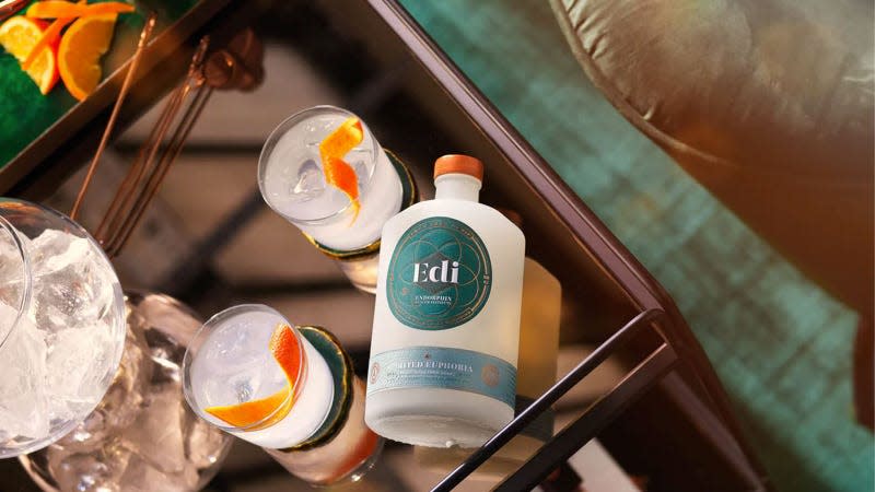 A photo of a bottle of Edi Spirits on a drinks trolley. 