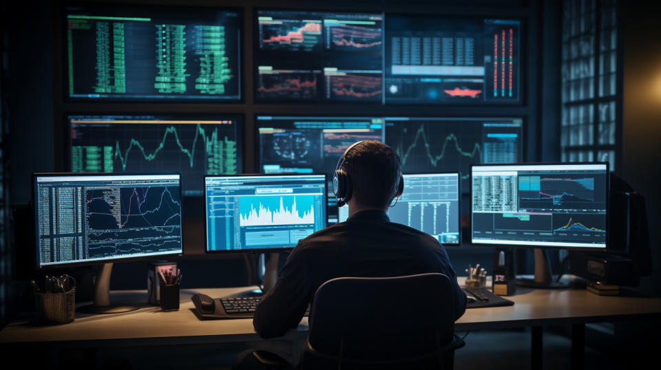 Technicians analyzing research data and benchmarks displayed on multiple screens.