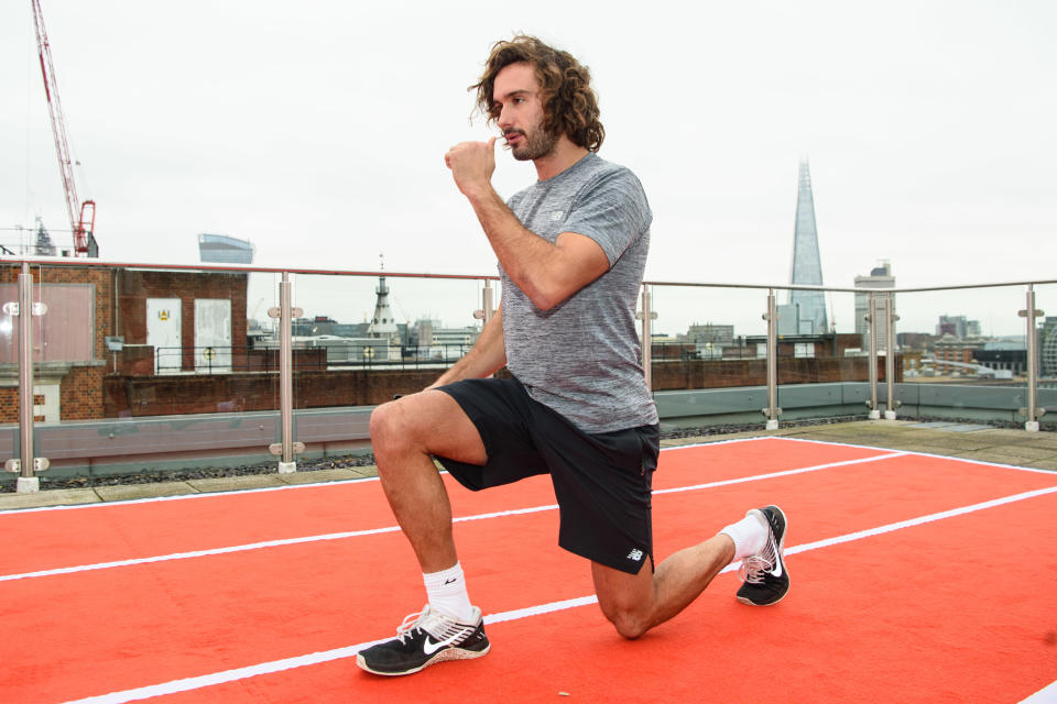 Joe Wicks takes an exercise class at the Grange Hotel, London, during a press day for Moe-Joe, a fitness audio show by Audible to help train non-runners get ready for the Virgin Money 2018 Marathon. Photo credit should read: Matt Crossick/ EMPICS Entertainment.