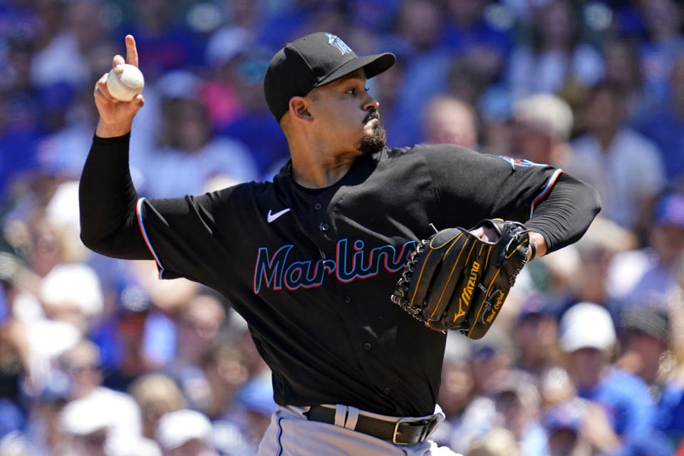Miami Marlins starting pitcher Pablo Lopez throws against the Chicago Cubs during the first inning of a baseball game in Chicago, Saturday, June 19, 2021. (AP Photo/Nam Y. Huh)