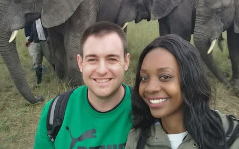 Jamie Fox and Zanele Ndlovu-Fox in a picture taken in front of some elephants