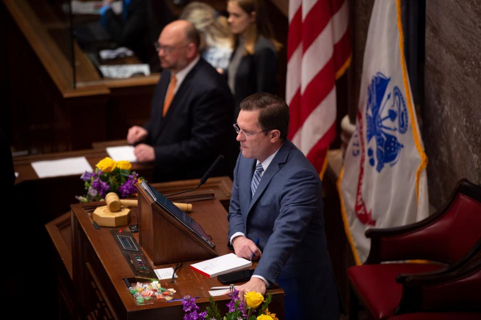 House Speaker Cameron Sexton speaks at the Tennessee State Capitol in Nashville, Tenn., on Thursday, April 6, 2023. GOP representatives are expected to vote on expelling Democratic representatives Justin Pearson of Memphis, Gloria Johnson of Knoxville and Justin Jones of Nashville.