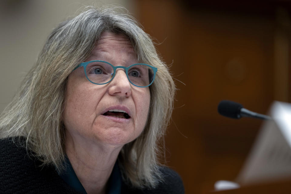 Massachusetts Institute of Technology (MIT) President Sally Kornbluth speaks during a hearing of the House Committee on Education on Capitol Hill, Tuesday, Dec. 5, 2023 in Washington. (AP Photo/Mark Schiefelbein)