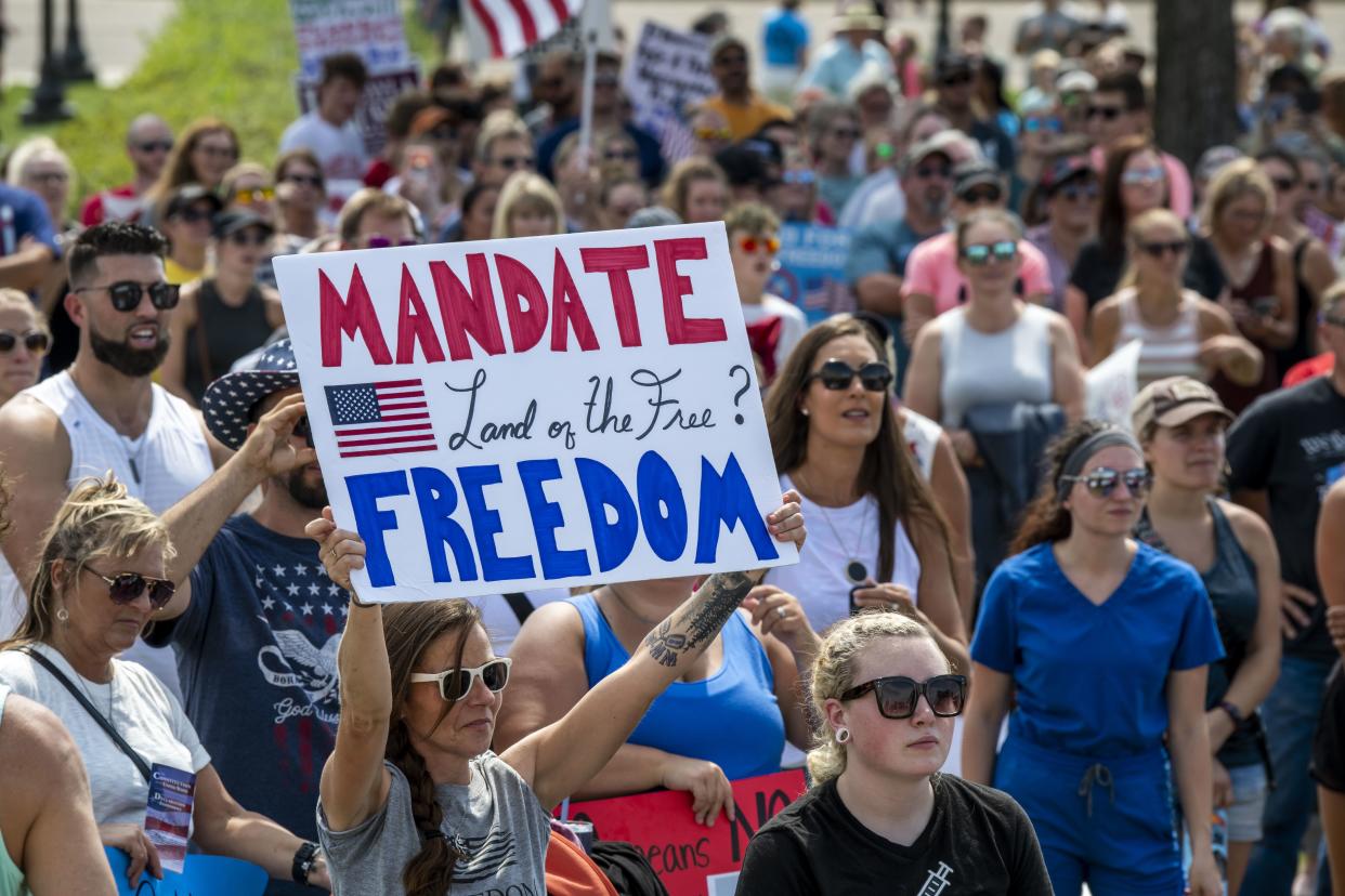 Protesters demonstrate for medical freedom and health choice in St. Paul, Minn., on Aug. 28, 2021. 