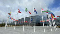 <p>BRUSSELS, BELGIUM - SEPTEMBER 09: Flags are flown at half-mast as a tribute to Queen Elizabeth II at NATO headquarters in Brussels, Belgium on September 9, 2022. Queen Elizabeth II has died peacefully at Balmoral Palace in Scotland after more than seven decades on the throne. (Photo by Dursun Aydemir/Anadolu Agency via Getty Images)</p> 