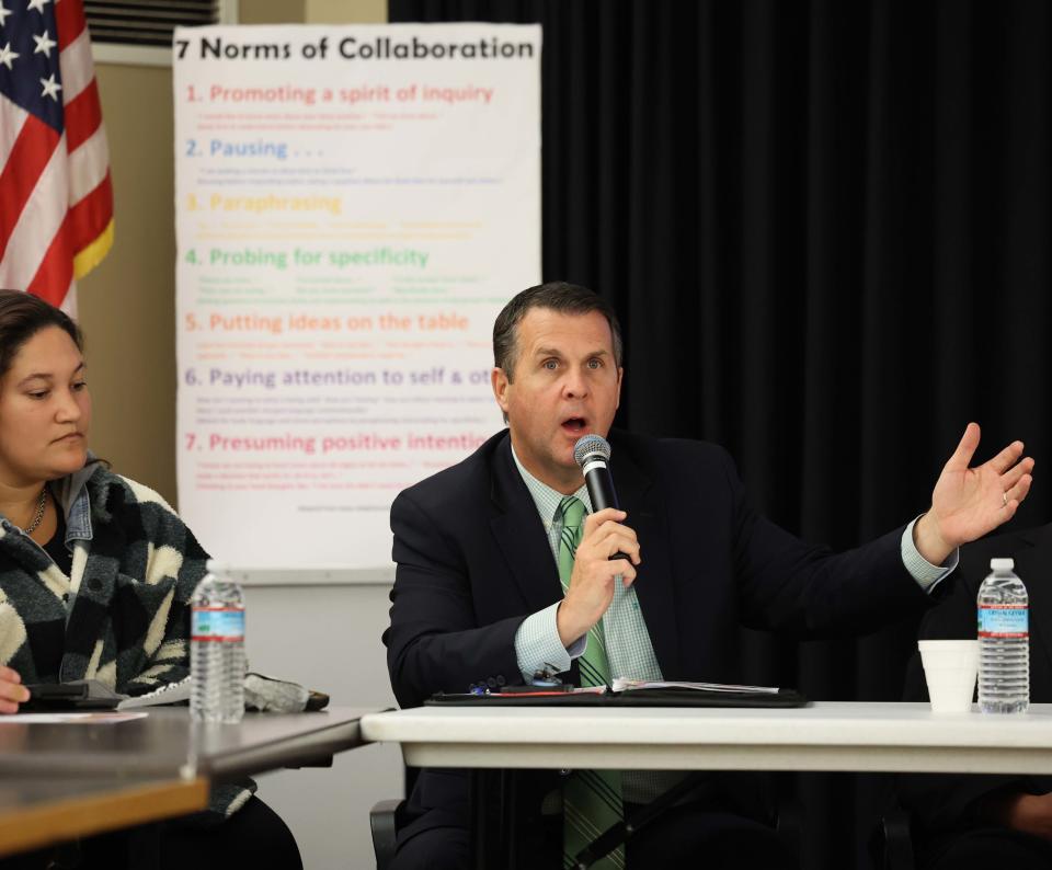 Mayor Robert Sullivan speaks at a State of Downtown Brockton event on Wednesday, Nov. 8, 2023 at the Main Street public library.