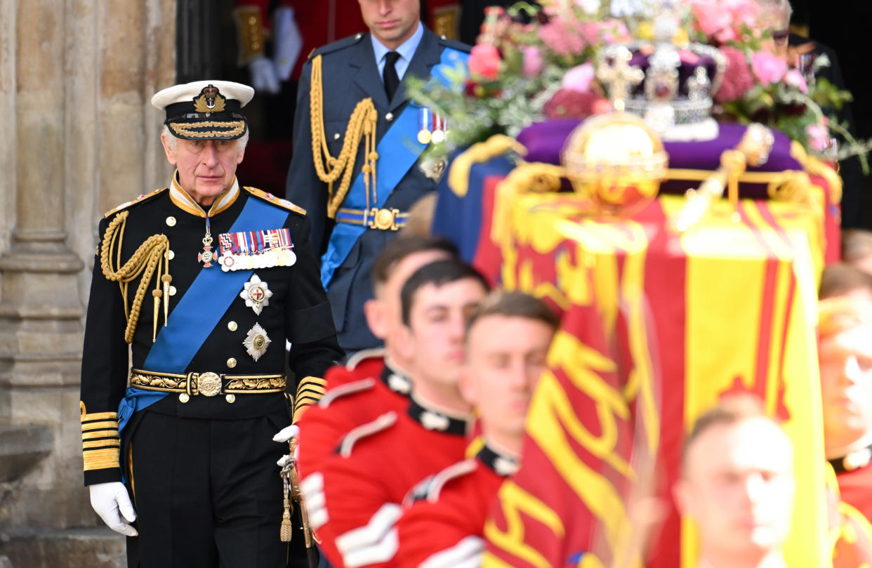 LONDON, ENGLAND - SEPTEMBER 19: King Charles III walks as the coffin of Queen Elizabeth II is carried out after the State Funeral of Queen Elizabeth II at Westminster Abbey on September 19, 2022 in London, England. Elizabeth Alexandra Mary Windsor was born in Bruton Street, Mayfair, London on 21 April 1926. She married Prince Philip in 1947 and ascended the throne of the United Kingdom and Commonwealth on 6 February 1952 after the death of her Father, King George VI. Queen Elizabeth II died at Balmoral Castle in Scotland on September 8, 2022, and is succeeded by her eldest son, King Charles III. (Photo by Karwai Tang/WireImage)