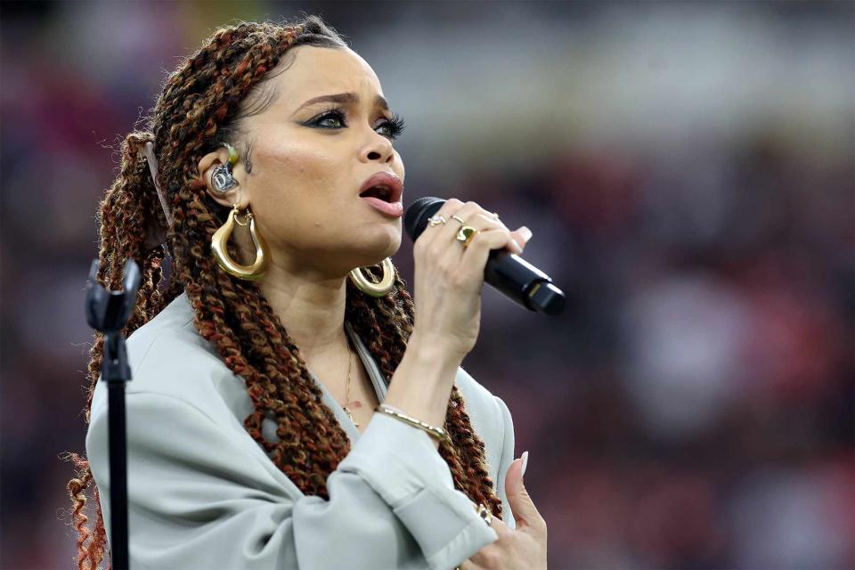 <p>Jamie Squire/Getty </p> Andra Day performing at the Super Bowl on Feb. 11, 2024.