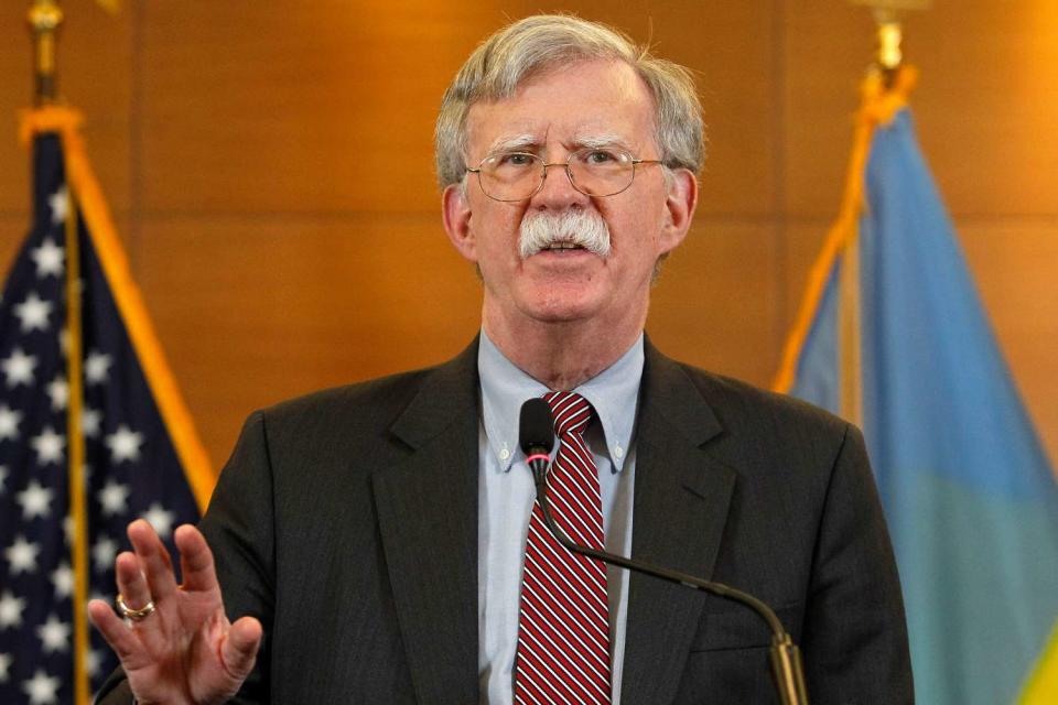 <p>Pavlo Gonchar/SOPA Images/LightRocket via Getty</p> US National Security Adviser John Bolton speaks during a media conference in Kiev in 2019